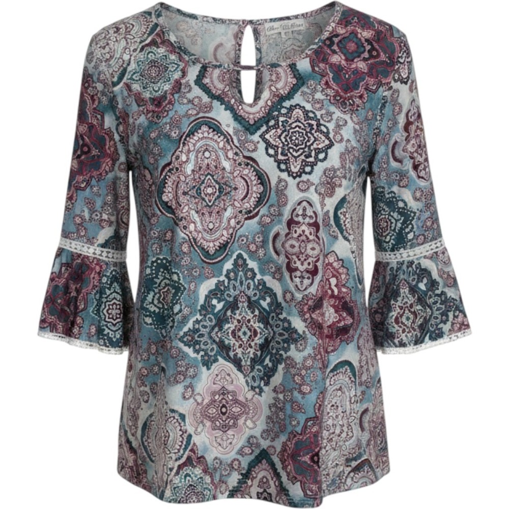 Stem & Vine Paisley Bell Sleeve Lace Trim V-Neck Blouse Blue Burgundy 2X